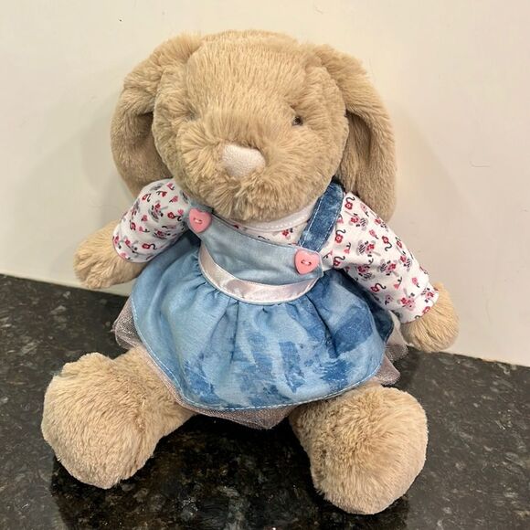 12” Manhattan Toy Company Tan Bunny Rabbit Plush Blue Dress with Pink Flower Top - Picture 1 of 8